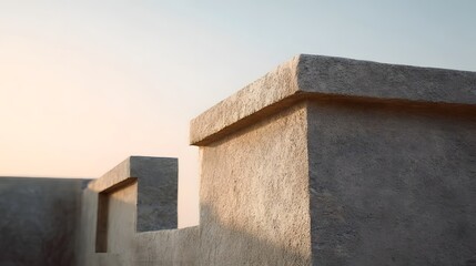 Close up view of a stone battlement s texture illuminated by warm golden hour sunlight with a soft sky gradient