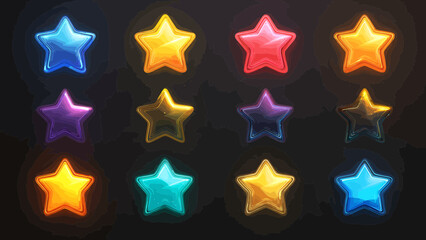 Colorful neon stars shining brightly against a dark background.