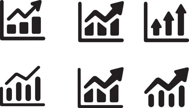 Collection of vector graphic illustrations depicting business growth charts with upward trending arrows indicating success and progress in a modern business context perfectly.