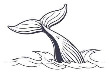 Obraz premium A minimalist vector illustration of a whale tail emerging from the ocean waves in a simple black and white design