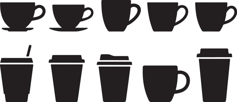 Vector graphic illustration showcasing various coffee cups and mugs in different designs and styles on a clean white background for beverage related projects or designs
