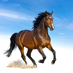 Obraz premium Powerful brown horse gallops across sandy ground, against a bright blue sky with scattered clouds