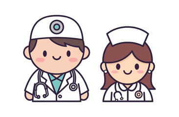 Flat vector illustration of a cute chibi doctor and nurse smiling, wearing white medical uniforms and stethoscopes.