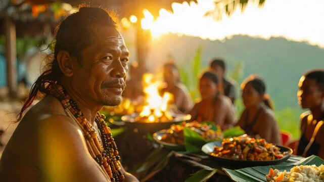 Indigenous man at traditional outdoor feast with community during sunset