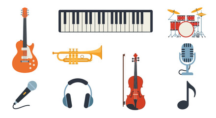 Naklejka premium Musical Instruments Collection: Guitar, Piano, Drums, Trumpet, Violin, Microphone