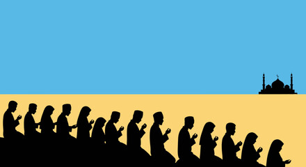Muslims Praying in a Row, Mosque Silhouette, Islamic Spirituality