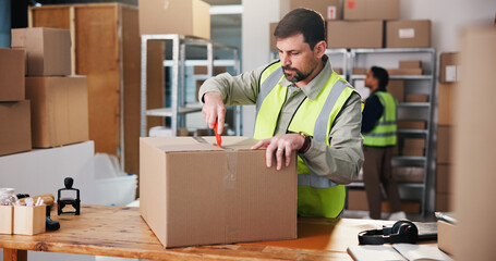 Businessman, box or cutting with package in warehouse for logistics, return order or checking...