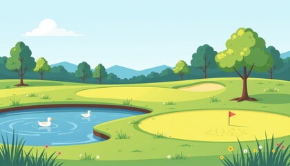 Golf course landscape with pond, trees, and a flag on the green.