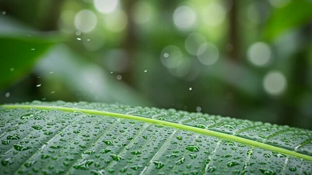 Vibrant Green Tree Frog with Bright Yellow Eyes Jumps Off Wet Leaf in Rainforest
