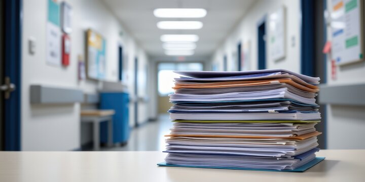 Stack of paperwork on table in hospital corridor with blurred background