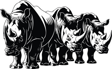 Fototapeta premium Three Rhinoceros Standing Silhouette - African Rhino Trio Wildlife Woodcut Vector Art