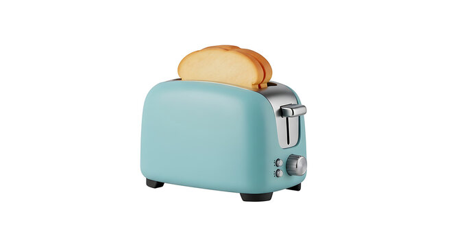 Vintage turquoise toaster with golden toast popping up isolated on transparent background