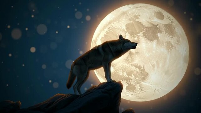 Wolf Howling at Full Moon on Rocky Peak, Starry Night Sky, Ethereal Glow