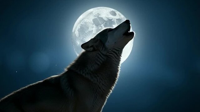 Wolf howling at the full moon at night, silhouette, wild animal, nature background