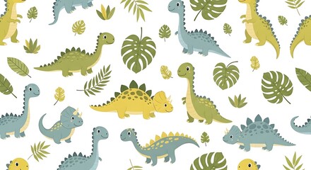 Colorful Cartoon Dinosaurs Pattern with Leaves.