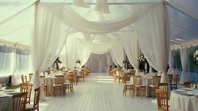 Grand wedding reception hall featuring classic white drapery, beautifully arranged banquet tables, floral arrangements, and refined lighting. Elegant and timeless decor