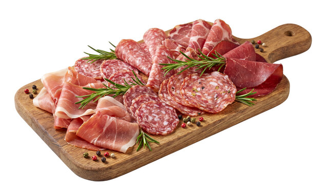 Appetizing Assorted Cured Meat Charcuterie Delicacy Platter on Rustic Wooden Board
