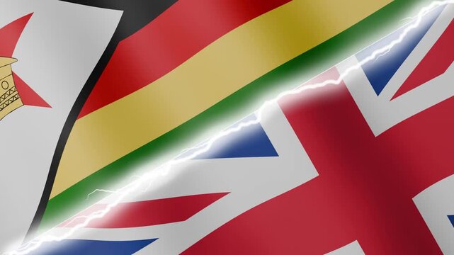 Two waving flags Zimbabwe and United Kingdom with diagonal lightning seamless, 4k loop