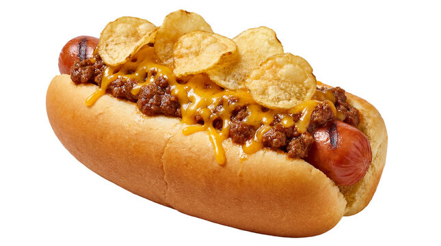 Delicious Food Detail Chili Cheese Hotdog with Potato Chips Close Up