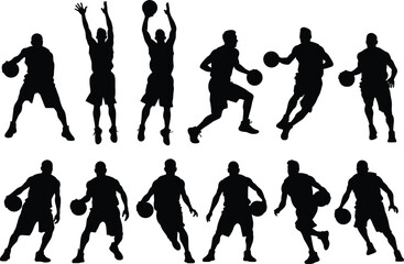 Basketball player silhouettes collection, dribbling shooting jumping poses, athlete action vector set, isolated sports illustration design bundle © Afsun