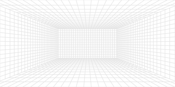 Room projection grid in futuristic 3d style. Outline futuristic grid background, room projection. Wireframe grid template in perspective view