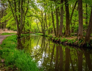 Lush riverside scene with green canopy, tranquil waters reflecting surrounding trees