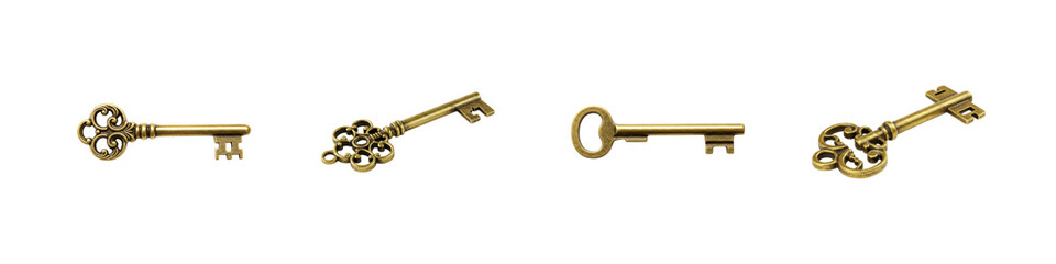 3D Gold and Silver Keys Set Cartoon Style Isolated Transparent BG Cutout PNG Set