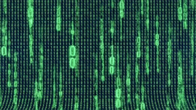 Green binary code matrix background with falling numbers.