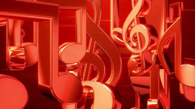 Flowing red music notes rolling across a vibrant background, creating a dynamic musical animation ideal for entertainment, concert, and audio-themed projects.