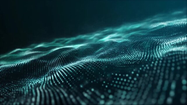 Dynamic teal glowing dots forming a wave pattern across a dark blue digital backdrop, viewed from a centered perspective