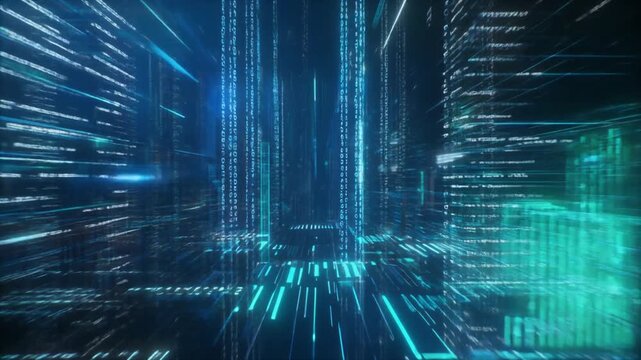 Futuristic Grid Structures and Glowing Rectangle Forms Viewed from a Low Angle