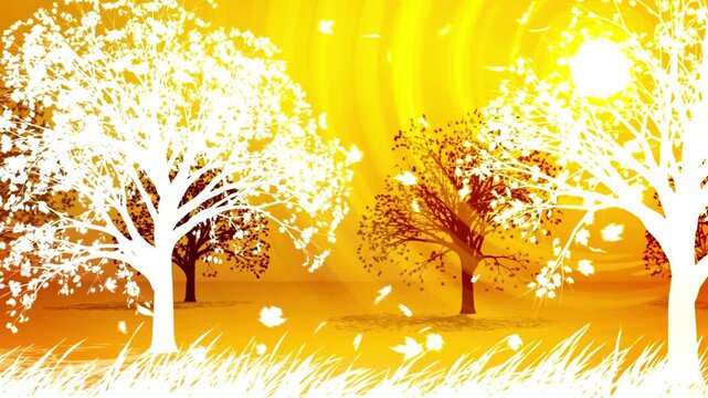 Vibrant autumn illustration featuring orange and yellow maple leaves with floral elements arranged in a decorative seasonal frame on a warm, colorful background.d