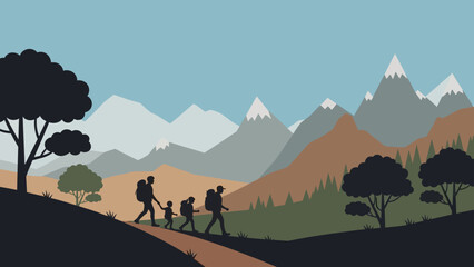 a family hiking a winding mountain trail through a vast landscape with snow-capped peaks illustrating outdoor adventure and connection.