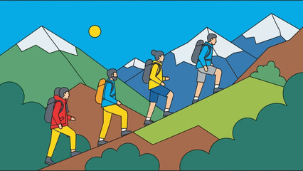 Fototapeta premium a group of hikers with backpacks ascending a winding mountain trail on a sunny day depicting outdoor adventure travel and teamwork.