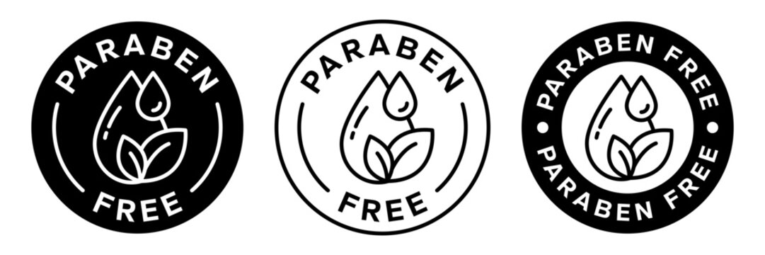 Paraben Free with leaf, drop, label, logo, badge, icon, circle, symbol, line, flat vector, isolated illustration. Organic cosmetics, Eco friendly, skincare, essential oil, sensitive skin icons set.