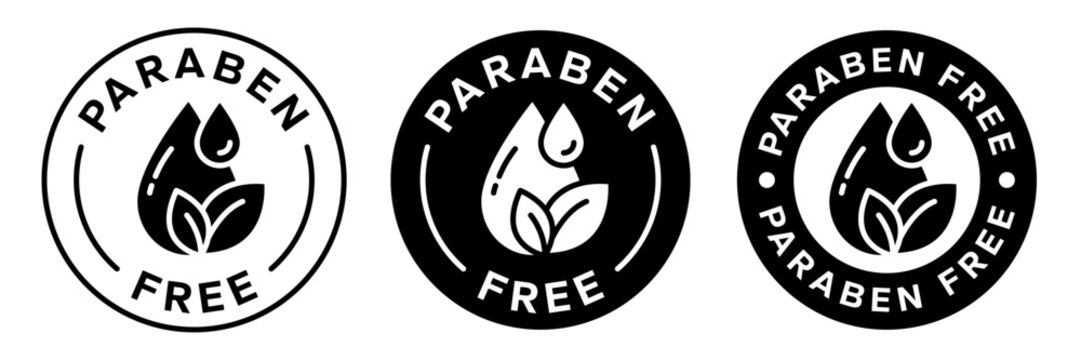 Paraben Free with leaf, drop, label, logo, badge, icon, circle, symbol, line, flat vector, isolated illustration. Organic cosmetics, Eco friendly, skincare, essential oil, sensitive skin icons set.