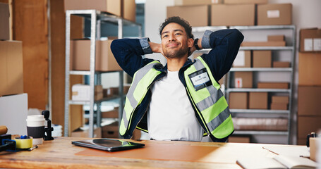Happy man, relax and stretching with small business in logistics for completion or done tasks. Male...
