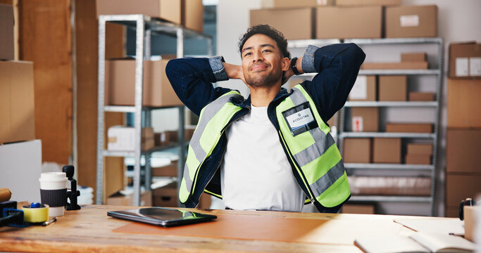 Happy man, relax and stretching with small business in logistics for completion or done tasks. Male person, productive or finished with smile, boxes or cargo for supply chain or delivery deadline