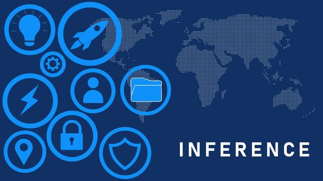 Global digital map with blue circular for security and technology concepts next to the word INFERENCE on a dark blue background