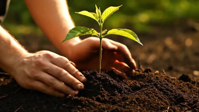 Hands gently planting a small green sapling in rich dark soil outdoors in a serene natural setting