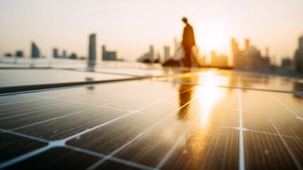 Obraz premium Sunset Solar Panels Cityscape - Urban Renewable Energy Scene