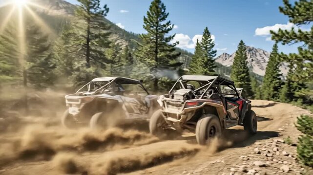 Side-by-side vehicles kicking up dust on a mountain trail.