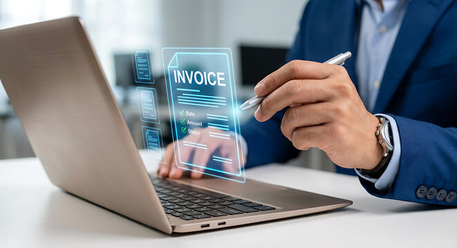 Digital invoice and billing management. Businessman using electronic invoice on computer, finance workflow, tracking payments and taxes