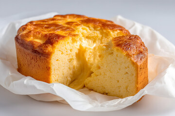 Traditional Portuguese Sponge Cake Po de Ovar Isolated on a Light Background with a Slice Cut Out