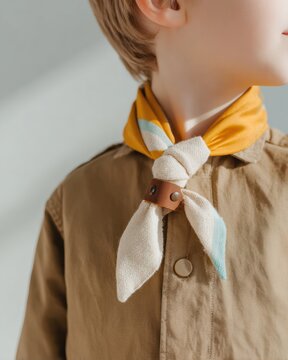 Scout scarf and leather woggle tied over a child uniform for youth education and outdoor adventure camps, close up of traditional neckerchief and foulard details