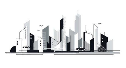 Obraz premium Abstract architectural rendering with geometric building shapes and white background