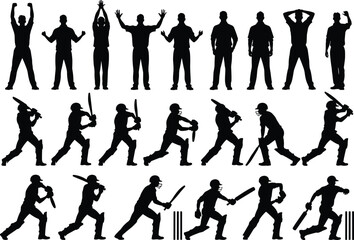 Fototapeta premium Cricket player silhouettes collection, batsman action poses vector, sports athlete illustration, isolated cricket batting fielding silhouette bundle set