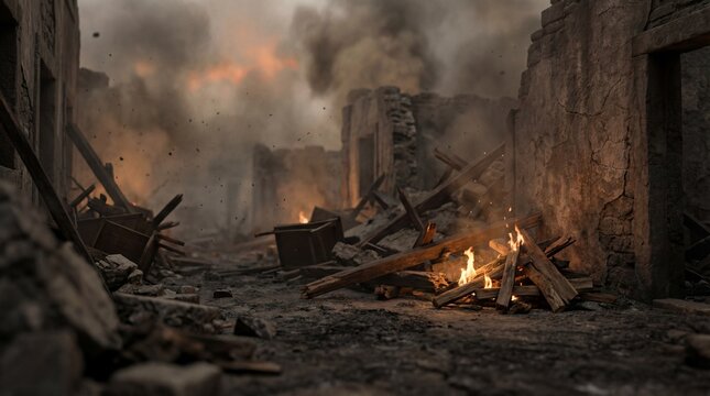 A devastating scene of destruction and war, with remnants of buildings burning and smoldering, creating a somber and chaotic atmosphere, evoking feelings of loss and the aftermath of conflict
