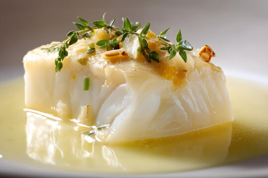 Cooked Salt Cod in Pil Pil Sauce with Fresh Herbs and Olive Oil Isolation on White Background