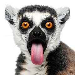 Fototapeta premium Ring-tailed lemur face with bright orange eyes, long tongue out, against a bright white background